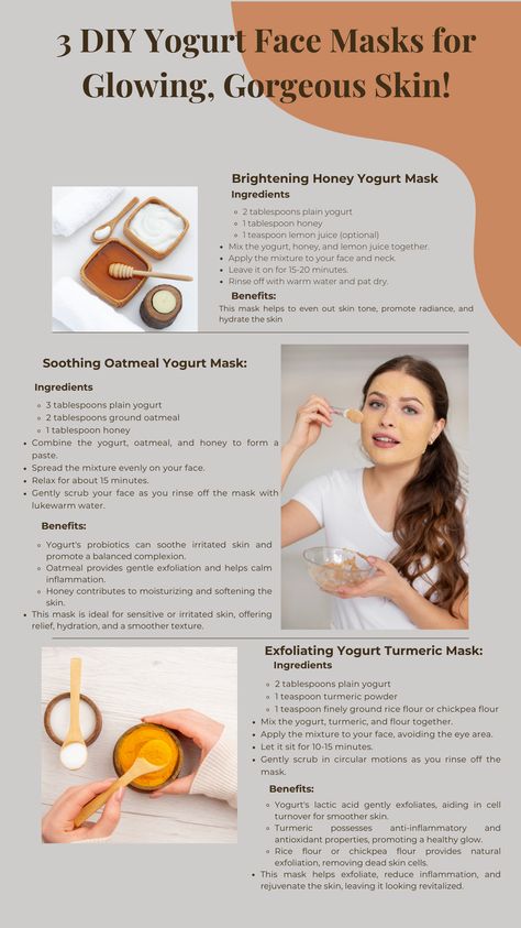 Unveil your skin's brilliance with these homemade yogurt face masks! From brightening honey blends to soothing oatmeal treats and revitalizing turmeric wonders, discover the secrets to a radiant complexion. Perfect for #SkincareSunday or self-care days. Achieve #GlowingSkin the natural way! ✨ #DIYFaceMasks #HealthyBeauty #SkincareSecrets#SkincareRoutine #GlowingSkin#HealthyBeauty#DIYFaceMasks#NaturalSkincare#SelfCareSunday#RadiantComplexion#BeautyHacks#HomemadeBeauty#Skin Oatmeal Honey Face Mask, Greek Yogurt Mask, Glow Up Naturally, Oatmeal Treats, Yogurt Face Mask, Diy Yogurt, Yogurt Mask, Dream Skin, Honey Face Mask