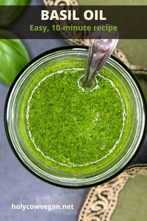 A delicious, four-ingredient basil oil to enhance your enjoyment of a summer bounty of fresh basil! It takes just about 10 minutes to mix it up and you can enjoy it with nearly any dish you can imagine. I just love dunking some of my crusty sourdough bread in it, but it's wonderful on salads and grilled veggies or stirred into pasta. #basiloil #holycowvegan Lemon Cupcake Recipe, Cream Cheese Sugar Cookies, Vegan Steak, Diy Food Gifts, Basil Oil, Basil Recipes, Natural Food Coloring, How To Make Pesto, Vegan Sauces