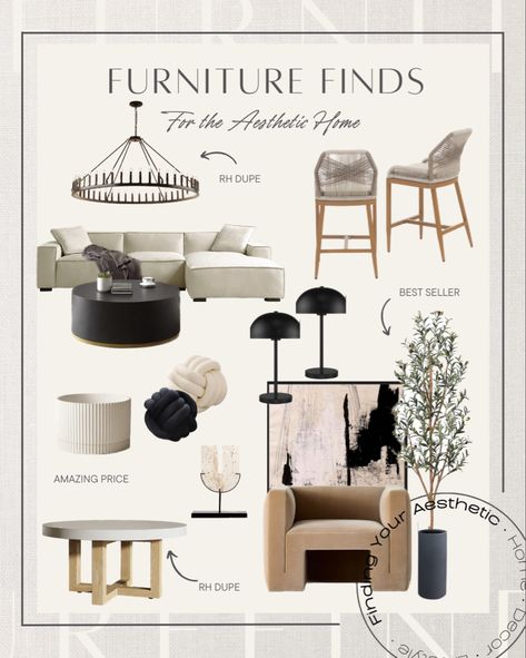 Neutral and modern furniture and home decor curations that are designer inspired but affordable. These pieces and more can be shopped on LiketoKnowIt Farmhouse Counter Stools, Round Black Coffee Table, Neutral Interior Design, Black Accent Chair, Restoration Hardware Style, Restoration Hardware Inspired, Mid Century Modern Sofa, Black Coffee Tables, Neutral Interiors