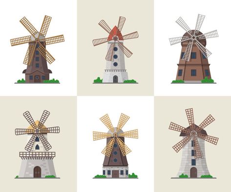 Traditional old windmill buildings set | Premium Vector #Freepik #vector #food #vintage #label #travel Windmill Drawing, Nova Art, Food Manufacturing, Old Windmills, Windmill Design, Dutch Windmills, Web Themes, Clean Energy, Scene Creator