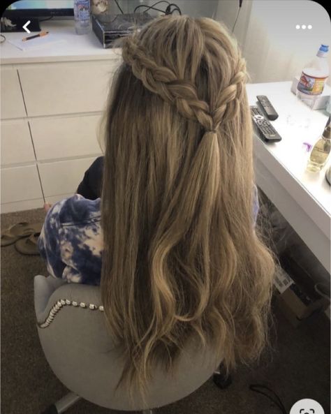 Braid Crown Long Hair Half Up Half Down, Prom Hairstyles Dutch Braid, Crown Braid Half Up Half Down Straight Hair, Half Up Half Down Plaits Hairstyles, Prom Hairstyles Straight Hair Braids, Simple Braided Hairstyles Half Up Half Down, Confirmation Hairstyles Curls, Hair Braid Crown Half Up, Hair Styles Crown Braid