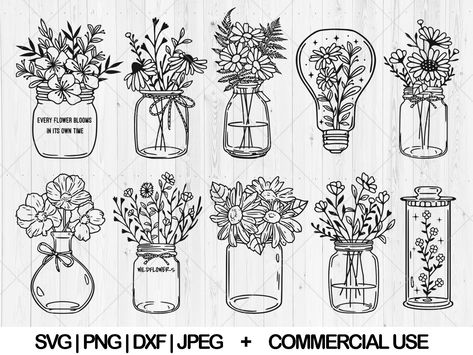 Flower Jar Drawing, Jar Doodle, Mason Jar Drawing, Mason Jar Tattoo, Mason Jar Svg, Jam Jar Flowers, Jar Flowers, Daisy Tattoo, Mason Jar Flowers