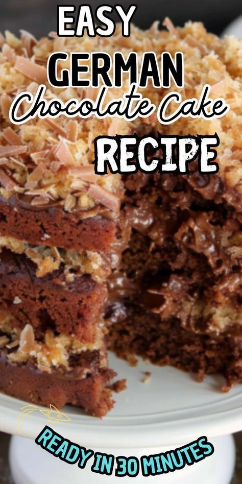 Easy German Chocolate Cake recipe. This timeless classic combines rich chocolate cake layers with a luscious coconut-pecan frosting for a dessert that's as elegant as it is delicious. Whether it's for a special celebration or a simple weeknight treat, this cake is sure to delight Easy German Chocolate Cake, German Chocolate Cake Frosting, Chocolate Cake Layers, Homemade German Chocolate Cake, German Chocolate Cake Recipe, German Chocolate Cake Mix, Coconut Pecan Frosting, Cake Layers, Rich Chocolate Cake