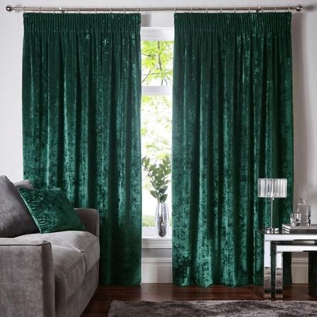 Dunelm Luxurious Emerald Green Crushed Velour Pencil Pleat Curtains Green Curtains Living Room, Crushed Velvet Curtains, Emerald Green Curtains, Emerald Curtains, Green Curtains Bedroom, Green Velvet Curtains, Velvet Curtains Bedroom, Emerald Green Bedrooms, Curtains Dunelm