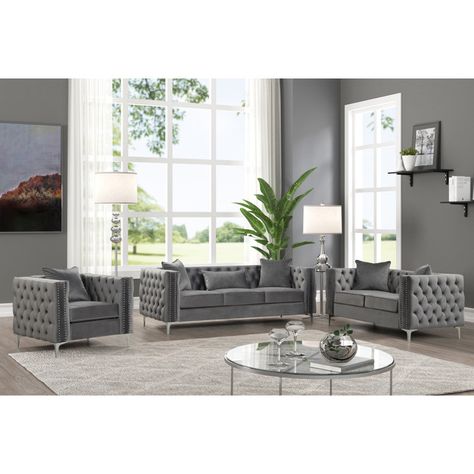 Livijng Room Concept #2 Tufted Couch, Wayfair Living Room, 3 Piece Living Room Set, Velvet Living Room, Fabric Gray, Black Sofa, Silver Chrome, Living Room Sets Furniture, Living Room Set