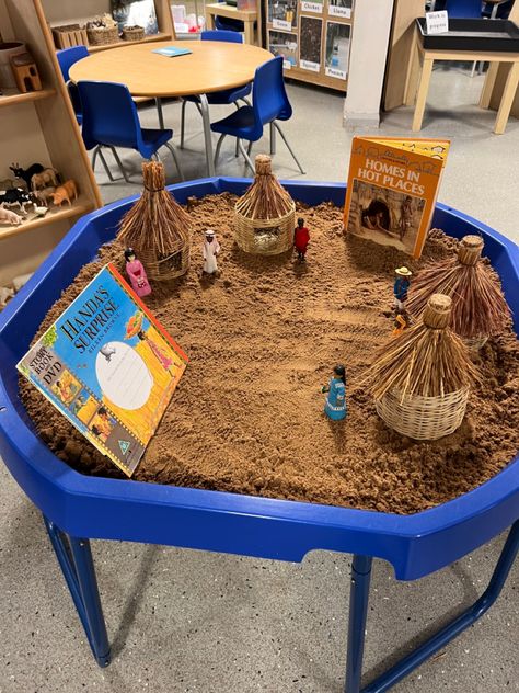 Africa Tuff Tray Ideas, Desert Tuff Tray, Handas Surprise Eyfs, Africa Eyfs, Osc Activities, Africa Activities, Handas Surprise, Mud Hut, Reggio Emilia Inspired