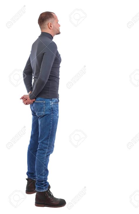 Back view of man in jeans. Standing young guy. Rear view people collection. backside view of person. Isolated over white background. a shortly cropped man in a dark sweater stands sideways crossed his hands behind his back - 94507751 Dark Sweater, Standing At Attention, Male Pose Reference, People Poses, Man Sitting, Standing Poses, Human Poses Reference, Figure Poses, Man Standing