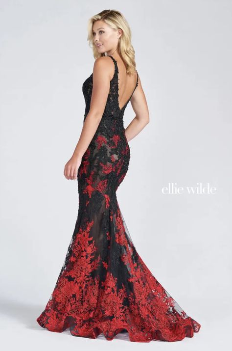 Red Dress With Black Lace, Ellie Wilde Prom Dresses, Lace Mermaid Dress, Plastic Dress, Ellie Wilde, Prom Dress Stores, Trumpet Skirt, Prom Dress Styles, Perfect Prom Dress