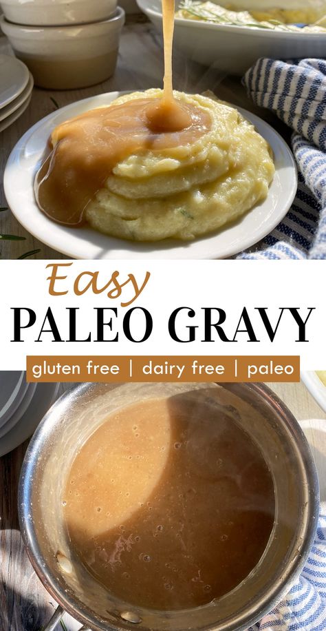 Easy Paleo Gravy (With Bone Broth) - Bake It Paleo Healthy Gravy Recipe, Dairy Free Gravy, Paleo Gravy, Healthy Gravy, Flour Gravy, Turkey Gravy Recipe Easy, Paleo Thanksgiving Recipes, Turkey Gravy From Drippings, Cassava Flour Recipes