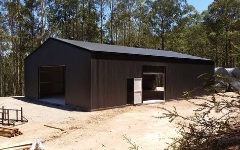 Large Fair Dinkum Sheds farm shed in COLORBOND Monument by Judds Garages Big Shed House, Big Shed Ideas, Black Shed House, Large Shed House, Black Sheds, Sawmill House, Colorbond Monument, Shed Renovation, Big Shed