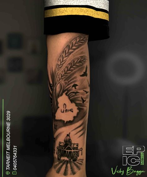 Sikhism Tattoo Designs, Farmers Tattoo, Sikhism Tattoo, Punjabi Tattoo Men, Punjab Tattoo Ideas, Candy Skull Tattoo For Men, Punjab Tattoo, Sikh Tattoo, Farmer Tattoo