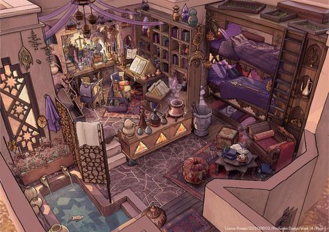 ArtStation - Magical Academy dorm, Loanne Rosset Magic School Dorm Room, Magic Academy Fantasy Art, Fantasy Academy Dorm Room, Magic Room Fantasy Art, Magic Inventions, Fantasy House Layout, Magical Dorm Room, Fantasy Room Concept Art, Magic Dorm Room