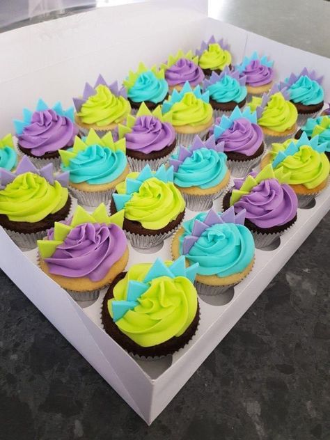 Dinosaur Spike Cake, Threerex Cake, Pink Dino Cupcakes, Third Birthday Cupcakes, Dinosaur Cake And Cupcakes, Dinasour Birthday Cupcake Ideas, Dinosaurs Cupcakes Ideas, Cute Dinosaur Cupcakes, Dinosaur Egg Cupcakes