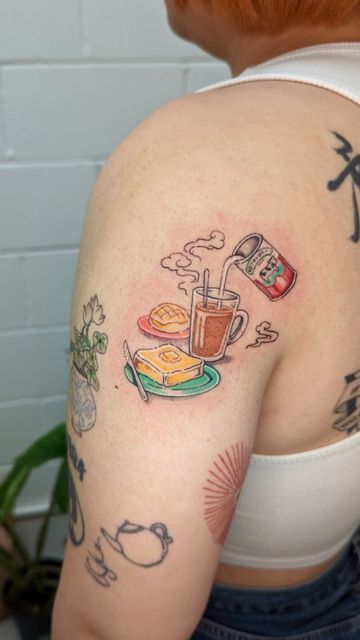 Milk Tea Tattoo, Hong Kong Cha Chaan Teng, French Toast Tattoo, Gyoza Tattoo, Tea And Toast Tattoo, Sweet Tea Tattoo, Georgina Leung, Cha Chaan Teng, Chip Tattoo