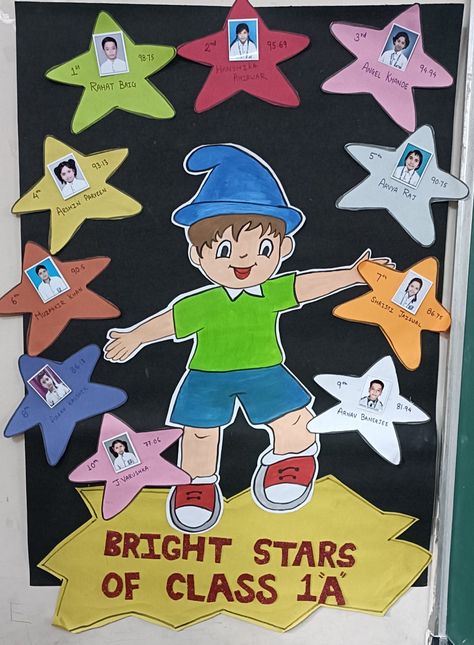 Class Toppers Chart Ideas, Appreciation Chart For Kindergarten, Playgroup Class Decoration Ideas, Toppers Chart For Classroom, Appreciation Chart For Classroom, Creative Display Boards For School, Charts For Classroom Decoration, Star Chart For Kids, Fractions Craft