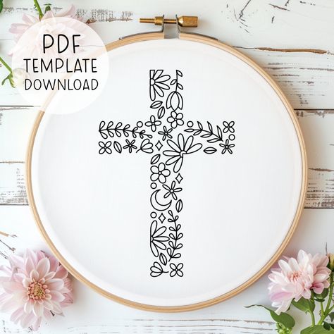 Cross Floral Embroidery Pattern Download, Easter Cross Embroidery Design, Cute Christian Hand Embroidery Pattern, Easter Home Decor Embroidery Cross Christian, Embroidered Cross Design, Spring Embroidery Ideas, Free Embroidery Patterns Printables, Christian Embroidery Designs, Floral Embroidery Patterns Templates, Hand Embroidery Motifs, Cross Embroidery Patterns, Embroidery Patterns Flowers