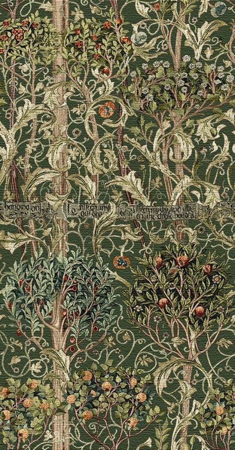 Magnificent medieval style tapestry by William Morris "Orchard".  Artist William Morris turned to Medieval art for inspiration. He managed to learn how to develop designs and make tapestries that have all the characteristics of the late Middle Ages: depth of color, richness of colors, subtlety of transitions of shades, relief and abundance of beautiful patterns, including in the medieval technique of "thousands of flowers". The tapestry is made on a jacquard loom, it is woven from many threads. Tapestry Wallpaper, Medieval Pattern, Tapestry Curtains, William Morris Patterns, Tapestry Nature, Forest Tapestry, Medieval Tapestry, Jacquard Loom, Late Middle Ages