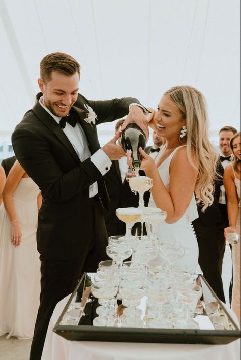 Champagne Tower Wedding Photo, Champagne Wedding Tower, Champagne Wedding Inspiration, Champagne Pyramid Wedding, Champagne Popping Pictures Wedding, Wedding Inspo 2023, Champagne Tower Photos, Classy And Timeless Wedding, Champagne Pour Wedding