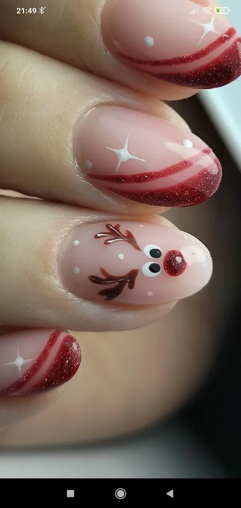 Nail Ideas Crismas, Christmas Nails Designs 2024, Christmas Nail Reindeer, Cute Christmas Nail Designs Almond, Christmas Nail Inspo For Short Nails, Christmas Dog Nail Art, Short Biab Nail Designs Christmas, Sort Christmas Nails, Christmas Nails Knomes