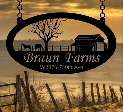 "Rustic, personalized metal sign with  barn   scene . Measures 3 ftx 20\" or 4'x 26\".  Powder coated black or beautiful   copper patina and clear coated. LEAVE NOTE TO SELLER WITH NAME AND OR EST. DATE YOU WANT ON SIGN. PROOF PROVIDED  NOTE! If you order brushed metal, it will rust within a short time since theres no UV block, unlike black which is a solid finish" Farm Woman, Gate Wall Decor, Metal Farm Sign, Farm Women, Farmhouse Entry, Outdoor Farmhouse, Front Gate, Front Gates, Farmhouse Front