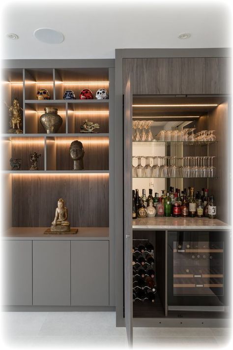 Home Bar Ideas Living Room, Home Bar Designs Luxury, Built In Bar Cabinet, Peacock House, Home Wine Bar, Modern Bar Cabinet, Home Bar Cabinet, Home Bar Rooms, Bar In Casa