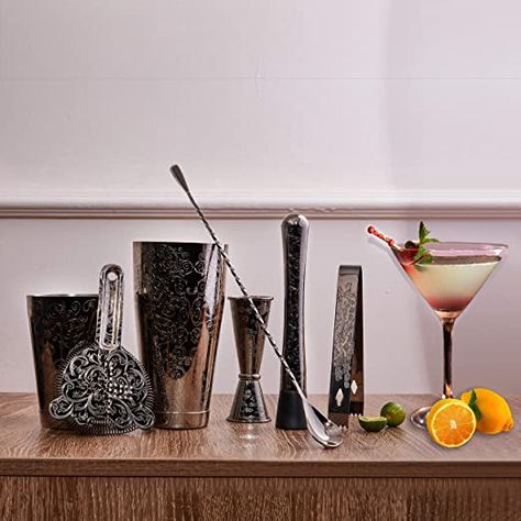 Amazon.com: SKY FISH Bartender Kit Cocktail Shaker Set-7 Pieces Stainless Steel Black Plated Etching Bar Tools With Boston Shaker Tins, Mixing Spoon, Mojito Muddler, Japanese Double Jigger, Hawthorne Strainer: Kitchen & Dining Bar Shaker Set, Fish Cocktail, Boston Shaker, Cocktail Tools, Bar Tool Set, Cocktail Shaker Set, Bar Spoon, Cocktail Set, Cocktail Shakers