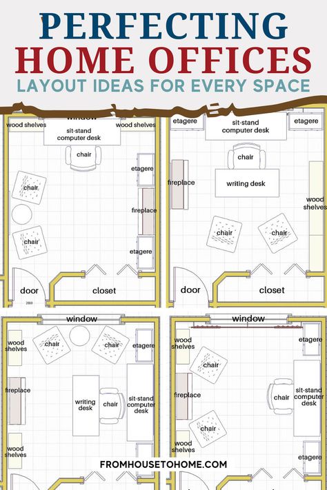 Perfect home office layouts for every space. Executive Office Layout Floor Plans, Long Home Office Layout, 12x16 Office Layout, 9x12 Office Layout, Study Design Ideas Layout, Multi Use Office Space, Small Home Office Layout Ideas, Long Narrow Office Space Ideas, Rectangular Office Layout