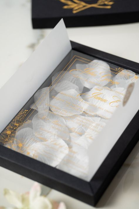 Luxury Wedding Invitation with Customizable Box, gold foil Print Acrylic Invitations With Black Box, with artificial white petals by myinvitationcolor on Etsy Wedding Invitations Extravagant, Luxury Event Invitation, Launch Party Decor, White And Gold Wedding Invitations, Acrylic Invitation Wedding, Luxury Wedding Invitations Box, Boxed Invitations, Wedding Invitations Luxury, Acrylic Wedding Invitation