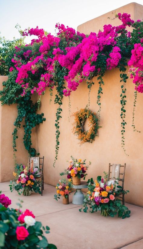 I love the idea of using bougainvillea in wedding bouquets. These vibrant flowers add a pop of color that’s perfect for a hacienda-style celebration. Bougainvillea comes in shades like fuchsia, purple, orange, and white. I think mixing them with other blooms creates stunning bouquets. Bougainvillea Aesthetic, Bougainvillea Bouquet, Encanto Wedding, Bougainvillea Wedding, Hacienda Wedding, Mexico House, City Flowers, Fuchsia Purple, Hacienda Style