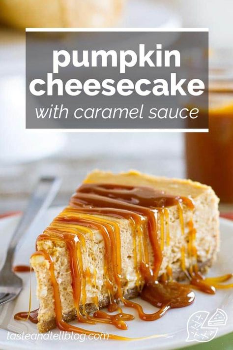 The ultimate fall dessert, this Pumpkin Cheesecake with Caramel Sauce is a smooth and silky pumpkin cheesecake topped with a homemade caramel sauce. Delectable! #pumpkin #dessert #cheesecake Untraditional Thanksgiving, Pumpkin Caramel Cheesecake, Caramel Pumpkin Cheesecake, Caramel Cheesecake Bars, Sour Cream Cheesecake, Heavenly Desserts, Caramel Pumpkin, Pumpkin Treats, Pumpkin Cheesecake Bars