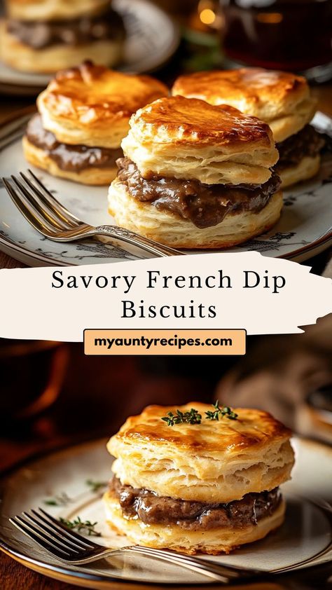 Enjoy Mini French Dip Biscuits, featuring savory beef and melty cheese tucked inside a flaky biscuit. Ideal for fall dinner ideas, these handheld delights are easy to serve and pair perfectly with au jus for a flavorful, satisfying treat. French Dip Biscuits Recipe, French Dip Biscuits, Beef Biscuits, Fall Dinner Ideas, Spicy Aioli, Sliced Roast Beef, Biscuit Sandwich, Savory Foods, French Dip Sandwich