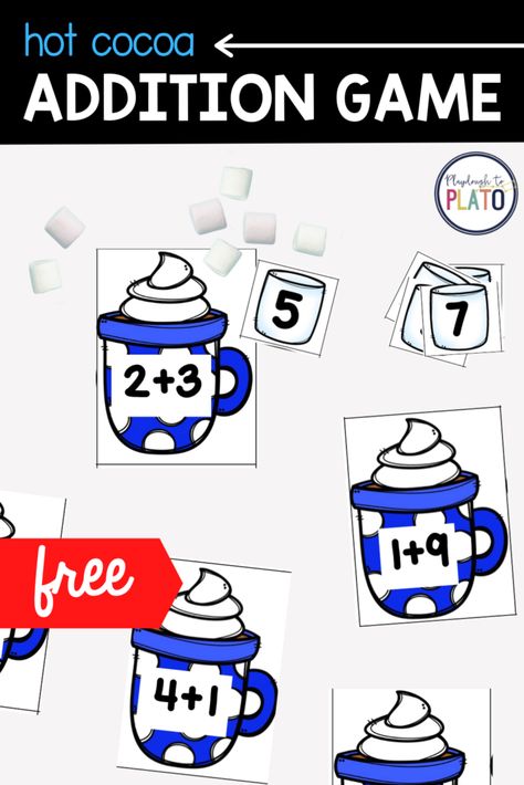 Hot Chocolate Math Activities, Addition To 5 Kindergarten, Christmas Addition Kindergarten, Kínder Activities, January Centers, December Centers, Winter Math Kindergarten, Addition Fluency, Free Math Centers