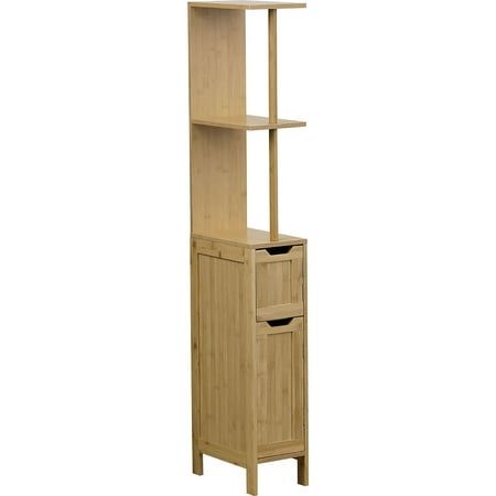 Are you struggling to find an elegant storage solution for your bathroom? Look no further than our MAHE slim storage cabinet in bamboo and wood. With a small footprint, this freestanding linen tower is the perfect space-saving organizer for your bathroom. Measuring at a compact size of 51.4inchH x 12inchW x 7.2inchL, it's ideal for those with limited space or a minimalist design. Featuring a tall storage tower with a 2-tier shelf, this cabinet offers ample space for all your bathroom essentials, Slim Bathroom Storage Cabinet, Slim Storage Cabinet, Freestanding Bathroom Storage, Bamboo Cabinets, Slim Storage, Bathroom Freestanding, Bathroom Stand, Bathroom Floor Storage, Space Saving Bathroom