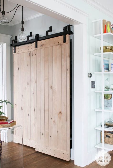 Remodelaholic | 35 DIY Barn Doors + Rolling Door Hardware Ideas Overlapping Barn Doors, Rustic Closet, Closet Interior, Barn Door Decor, Bypass Barn Door Hardware, Bypass Barn Door, Barn Door Closet, Wood Barn Door, Barn Door Designs