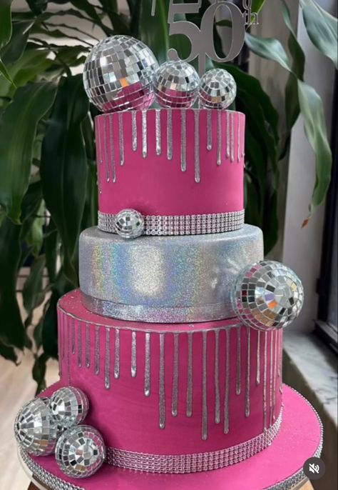 Barbie Cake Sweet 16, Sweet 16 Barbie Cake, Hot Pink Disco Cake, Pink Barbie Birthday Cake, Pink Disco Party Cake, Pink Disco Birthday Cake, Pink And Disco Birthday Party, Disco Barbie Cake, 35th Birthday Themes For Women