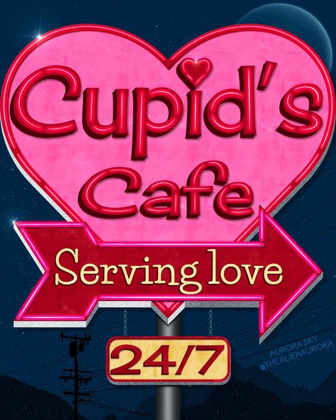 Cupid's Cafe! Swipe to zoom 🔎 Would you stop by this vintage diner after seeing this sign? 👇🏻⁣ ⁣ ✨ I've been wanting to create a Valentine's themed retro sign, so the prompt "vintage love" felt like it was the perfect occasion! I love these retro pieces & I actually had another completely different sign idea too so let me know if you want to see that one come to life as well 👀⁣ ✨ Instead of "serving the best coffee around" or a similar diner tagline, I really wanted to play up the Valentine's... The Cupid Diner Hello Kitty, Vintage Cupid Aesthetic, Cupid Drink, Cupid In A Cup, Cupid Vintage, Aurora Sky, Vintage Diner, Retro Sign, Coffee Signs