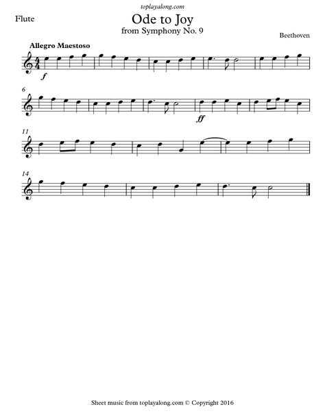 Ode to Joy from Symphony No. 9 by Beethoven. Free sheet music for flute. Visit toplayalong.com and get access to hundreds of scores for flute with backing tracks to playalong. Ode To Joy Violin Sheet Music, Ode To Joy Sheet Music, Flute Sheet Music Popular Songs, Free Flute Sheet Music, Recorder Sheet Music, Sheet Music With Letters, Trumpet Sheet Music, Ode To Joy, Saxophone Sheet Music