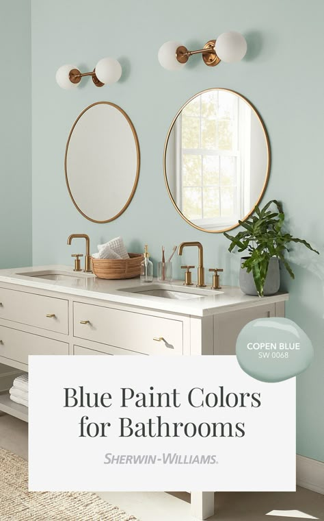 Bring spa-inspired luxury to your bathroom with a dusty blue like Copen Blue SW 0068 from Sherwin-Williams. Not too light, not too dark, this gentle blue is perfect for walls, cabinets, and more. To see this light blue paint color in your home, tap this pin to order a free color chip to be delivered in the mail. #sherwinwilliams #bathroom #lightblue #blue #bluebathroom #colorinspiration #interiordesign #decor Light Blue Bathroom Paint, Blue Bathroom Paint Colors, Light Blue Paint Color, Bathroom Paint Colors Blue, Blue Bathroom Paint, Blue Bathroom Walls, Light Blue Paint, Bathroom Wall Colors, Light Blue Bathroom