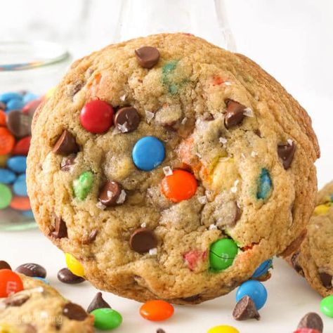 Giant Chocolate Chip M&M Cookies - Gooey, Chocolatey Centers! Big M&m Cookies, Extra Large Chocolate Chip Cookies, M&m Chocolate Chip Cookies, M&m Cookies, Giant M&m Cookies, Chocolate Chip Cookies With M&ms, Jumbo M&m Cookies, Great American Cookie M&m Recipe, Thick M&m Cookies