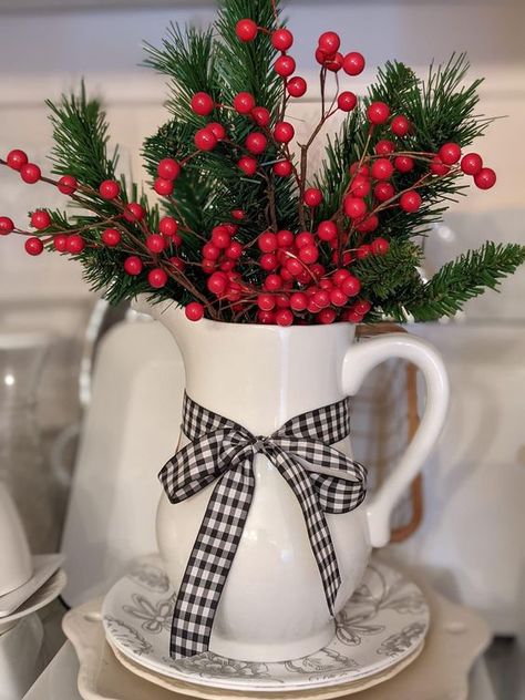 65+ Easy DIY Dollar Tree Christmas Decorations - Hike n Dip Diy Christmas Room, Vase Deco, White Pitcher, Christmas Table Centerpieces, Christmas Floral Arrangements, Christmas Decor Inspiration, Country Christmas Decorations, Christmas Centerpieces Diy, Dollar Tree Christmas