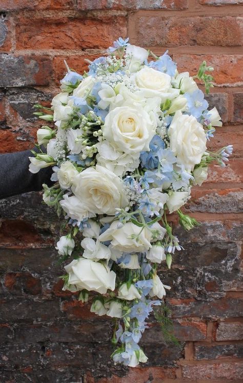 Delphinium Blue, White Rose Wedding Bouquet, Elegant Wedding Themes, Cascading Bridal Bouquets, Cascading Wedding Bouquets, Diy Bridal Bouquet, White Roses Wedding, Blue Delphinium, Blue Wedding Bouquet