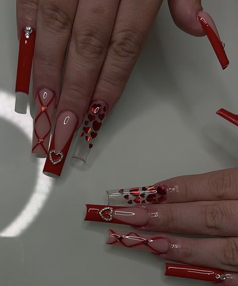 Valentines Nail, Vday Nails, Red Acrylic Nails, Nail Designs Valentines, Nails Design With Rhinestones, Cute Acrylic Nail Designs, Dope Nail Designs, Long Acrylic Nails Coffin, Unique Acrylic Nails