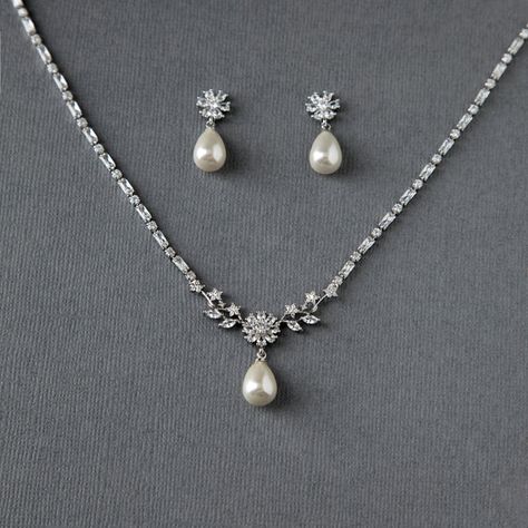 Jewelry for Weddings | Bridal Jewelry Sets | CZ Jewelry - Cassandra Lynne Pearl Earrings Necklace Set, Wedding Jewelry Ideas For Bride Silver, Earrings And Necklace Sets, Bride Jewelry Ideas, Wedding Necklaces For Bride, Wedding Gown Jewellery, Pearl Necklace Bride, Drop Pearl Necklace, Wedding Jewelry Bride