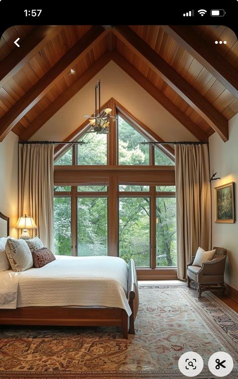 Wooden Vaulted Ceiling, Vaulted Ceiling Bedroom Master Suite, Bedroom Mezzanine, Vaulted Ceiling Bedroom, Vaulted Ceiling Ideas, Owners Suite, Ceiling Trim, Window Covering, Ceiling Ideas