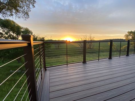 Trex Deck with Cable Rail Trex Deck Railing, Trex Deck Colors, Lake House Deck, Horizontal Deck Railing, Vinyl Decking, Deck Cost, Cable Railing Deck, Deck Remodel, Deck Railing Design