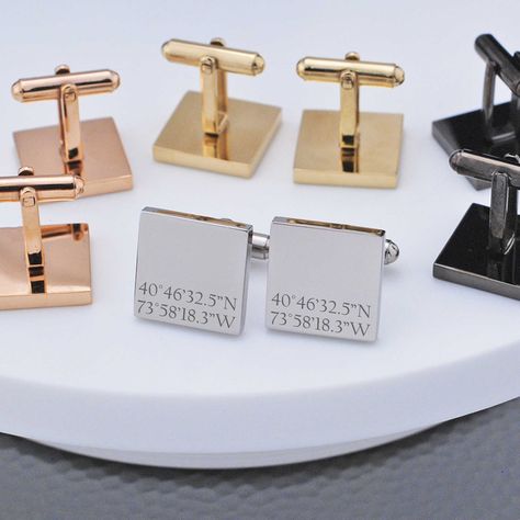 Engraved Cufflinks, Groom Cufflinks, Custom Cufflinks, Personalized Cufflinks, Wedding List, Latitude Longitude, Gift Inspo, Gold Cufflinks, The Wedding Date