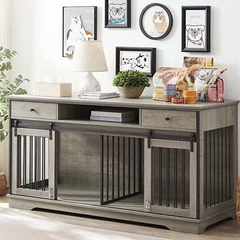 IchbinGo Large Dog Crate Furniture with Sliding Barn Door, 66" Wooden Dog Kennel Indoor Dog Crate with Divider and Drawer, TV Stand XXL Dog Crate for Large Dog or 2 Medium Dogs (66"L x 23.6"W x 36"H) Dog Kennel End Table, Dog Crate End Table, Pet Bed Furniture, Furniture Style Dog Crate, Crate End Tables, Wooden Dog Kennels, Wooden Dog Crate, Sliding Door Design, Large Dog Crate