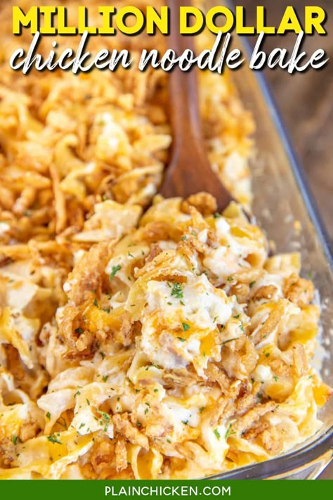 Million Dollar Chicken Noodle Bake – GREAT weeknight chicken casserole. Super easy to make and tastes like a million bucks!! Can make ahead and freeze for a quick meal later! Egg noodles, cooked chicken, cottage cheese, cream cheese, cream of chicken soup, sour cream, onion, garlic, cheddar cheese, and french fried onions. Everyone cleaned their plate and went back for seconds! Chicken Noodle Bake, Food Casseroles, Chicken And Egg Noodles, Million Dollar Chicken, Noodle Bake, Egg Noodle Recipes, Chicken Noodle Casserole, Plain Chicken, Cream Of Celery Soup