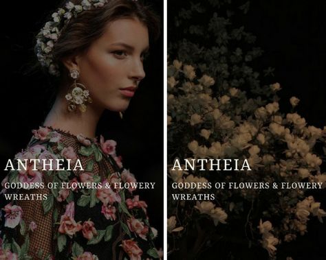 antheia (Ἀνθεία) - greek goddess of flowers & flowery wreaths Greek Goddess Names, Antheia Goddess, Goddess Of Flowers, Greek Goddesses, Goddess Names, Greek Names, Greek Mythology Gods, Roman Gods, Fantasy Names