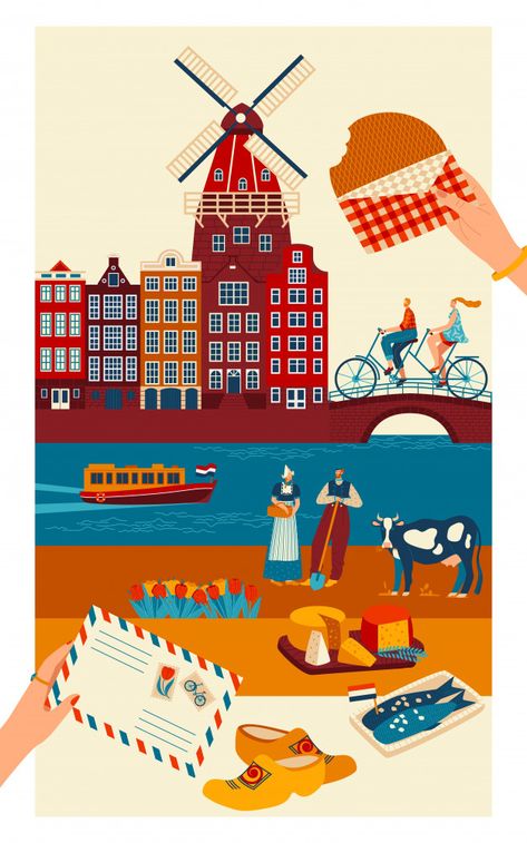 Landmarks Illustration, Dutch Culture, Holland Netherlands, Infographic Illustration, Travel Postcard, Netherlands Travel, Amsterdam Netherlands, Travel Illustration, Travel Scrapbook